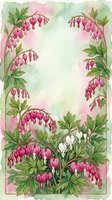 Watercolor bleeding heart flowers frame with pink and white blooms on soft green background, forming an arch border with copy space for text.