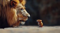 Dramatic encounter between majestic lion and tiny mouse on dark background, showcasing contrast in size and nature's unexpected interactions in wildlife photography.