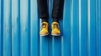 Yellow sneakers and black pants against bright blue corrugated metal wall, legs dangling in mid-air creating minimalist urban composition with strong color contrast.