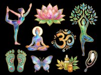 Colorful yoga and wellness clipart set with lotus, om symbol, meditating figure, tree pose, butterfly, essential oils, mala beads, isolated on transparent background, ready for t-shirts and stickers.