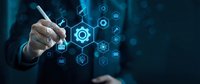 Business professional hand touching digital technology interface with hexagonal network icons and connectivity symbols on dark blue background.