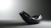 Minimalist black low poly boat shape on gradient background with dramatic lighting and shadow creating artistic geometric composition for modern design projects.