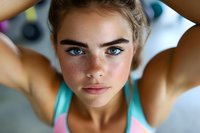 Young woman with freckles and blonde hair wearing colorful sports bra, hands behind head, looking at camera with confident expression during fitness training session.