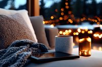 Cozy winter evening atmosphere with hot drink, warm knitted blanket and glowing candles against window with bokeh lights, creating peaceful holiday ambiance.
