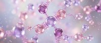 Abstract molecular structure with pink and purple spheres connected by bonds on soft gradient background with bokeh lighting effects for science education.