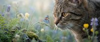 Tabby cat with amber eyes observing wildflowers and butterfly in natural garden setting, wildlife and nature photography for pet, animal, and outdoor design projects.