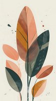 Minimalist botanical art featuring abstract leaves in coral pink, deep green, and mustard yellow on light background with subtle paint splatters and textured effects.