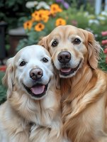 Two happy golden retriever dogs posing together outdoors in a garden with blooming flowers, perfect for pet, family, and lifestyle content.