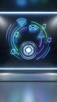Futuristic digital interface with glowing neon icons showing connectivity, email, download and notification symbols in circular holographic display.