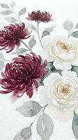 Watercolor floral pattern with burgundy chrysanthemums and cream roses on white background. Hand painted botanical design for wedding invitations and home decor.