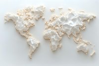 Minimalist white paper world map with textured relief showing continents on clean background for global business presentations.