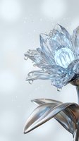 Crystal clear glass flower with water droplets on petals against soft gray background with sparkling bokeh lights for luxury design projects.