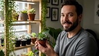 Happy bearded man holding small succulent plant in modern home with wooden shelves and green plants creating cozy indoor garden atmosphere.