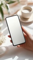 Female hand holding smartphone with blank white screen mockup on elegant table with coffee cup and flowers for app presentation and digital marketing.