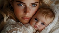 Young Caucasian mother with blonde hair and blue eyes holds her baby wrapped in white lace. Close-up portrait showing tender maternal bond and gentle expressions.