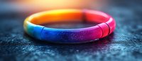 Rainbow colored silicone bracelet on dark textured background with vibrant gradient from orange to blue and pink, macro photography with selective focus.