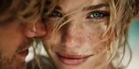 Close-up portrait of young blonde woman with freckles and blue eyes looking at camera with natural lighting and windswept hair for lifestyle photography.