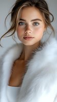Young blonde woman with blue eyes wearing white fur coat portrait for luxury fashion and beauty campaigns.