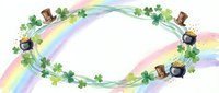 St Patrick's Day frame with rainbow, shamrocks, leprechaun hats and gold pots creating festive border for Irish holiday celebrations and designs.