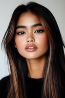 Close up portrait of young Asian woman with long dark hair and highlights, wearing black top against light background, showcasing natural makeup and glowing skin.