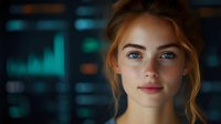 Young woman with reddish-brown hair and freckles looking at camera with data analytics dashboard and glowing charts in blurred background, representing technology professional or data scientist.