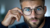 Young Caucasian male with blue eyes, beard and glasses looking at camera with confident expression. Professional headshot portrait in soft lighting with blurred background.