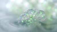 Translucent green molecular structure with glowing particles floating in soft ethereal light for scientific research and biotechnology applications.