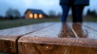 Raindrops on wooden deck planks with blurred figure standing and cozy house glowing in twilight background creates atmospheric moody scene for lifestyle content.