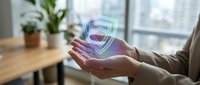 Professional woman holding holographic security shield symbol in modern office environment representing cybersecurity protection and data safety solutions.