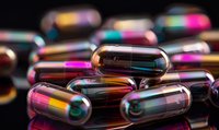 Iridescent pharmaceutical capsules with metallic rainbow effect on dark reflective surface, macro photography showing vibrant color shifts and medical detail.