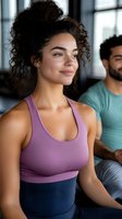Young mixed race woman with curly hair wearing purple sports bra and navy leggings smiling during fitness class, with male participant in background. Wellness and active lifestyle.