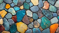 Colorful stone wall mosaic pattern with turquoise, orange, and gray natural rocks creating organic textural background for design projects and architectural concepts.