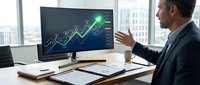 Businessman in dark suit analyzing upward trending stock market graph with green arrow on computer monitor in modern office with city skyline view, financial data and documents on desk.