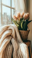 Soft pink tulips in wicker basket near window with cozy knit blanket, creating warm morning atmosphere. Natural light highlights gentle spring flowers and textured throw.
