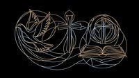 Golden line art Christian symbols with dove, cross and open bible on black background for religious design projects and spiritual content.
