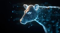 Digital cow head profile made of glowing particles and light dots on dark background, futuristic agricultural technology concept for farming innovation.
