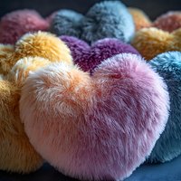 Colorful fluffy heart-shaped decorative pillows in pastel pink, yellow, purple and blue tones arranged on dark background. Soft plush texture creates cozy atmosphere.
