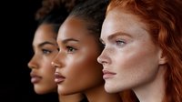 Diverse women with different skin tones and features in profile view showcase natural beauty and facial characteristics against dark background, representing inclusivity.