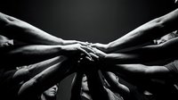Team hands joining together in circle showing unity and collaboration in black and white monochrome style for teamwork and partnership concepts.