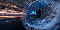 Futuristic digital tunnel with glowing AI symbol surrounded by streaming data and light trails in blue and orange tones, representing artificial intelligence technology.