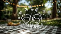 Cute doodle couple overlay on picnic scene with bokeh lights and checkered blanket, romantic outdoor setting with hand drawn hearts and citrus elements.