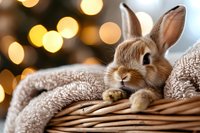 Adorable brown bunny rabbit resting in cozy basket with soft blanket against warm bokeh lights background, creating magical holiday atmosphere.