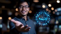 Young Asian businessman presenting glowing digital hologram with data analytics visualization floating above palm in modern office environment with bokeh lights.