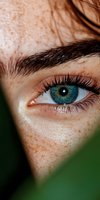 Close-up macro shot of bright turquoise eye with natural freckles and dark eyebrow against green background, showing intricate iris details and long eyelashes.