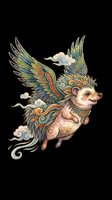 Ornate flying hedgehog with decorative wings and swirling clouds, isolated on transparent background. Great for stickers, t-shirt design, print on demand, and clipart.