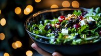 Fresh mixed greens salad with cranberries, feta cheese and nuts in dark bowl held by hands against warm bokeh lights background for healthy dining.
