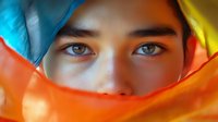 Young woman with striking blue eyes partially covered by colorful rainbow fabric scarf in vibrant lighting for pride diversity inclusion campaigns.