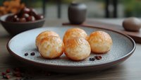 Fried dough balls dusted with powdered sugar served on ceramic plate with dried fruit garnish and beverage in background.