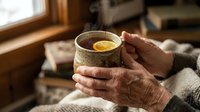 Senior adult holding warm tea with lemon slice in ceramic mug by window, cozy home interior setting for wellness and relaxation content.