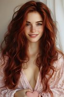 Young woman with natural freckles and flowing red curly hair smiling warmly at camera, wearing delicate pink lace top. Soft natural lighting creates gentle mood.